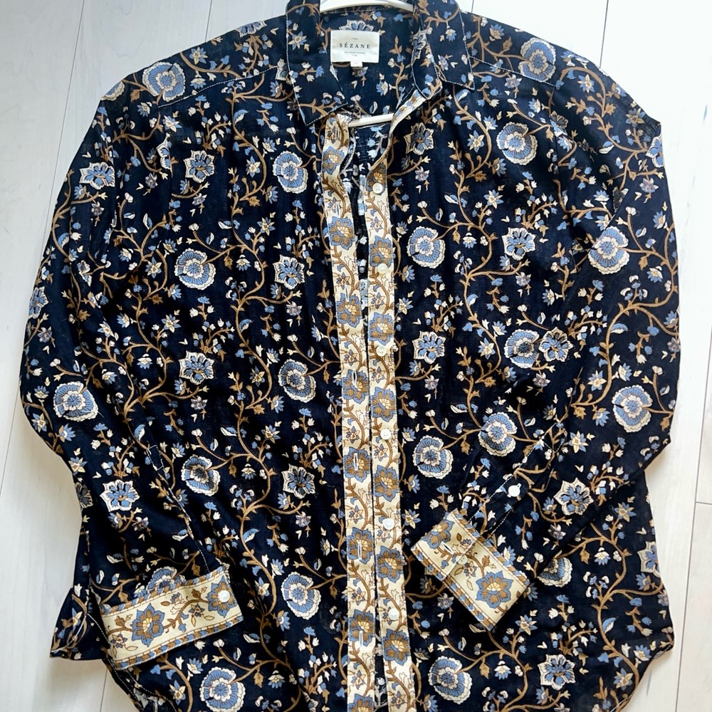 Sezane Navy and Gold Floral Shirt